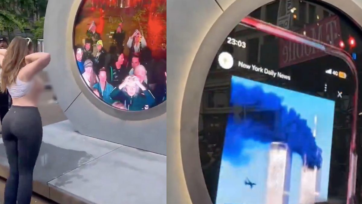 Person taking a selfie with the reflective bean-shaped sculpture, image of a plane on screen in the background