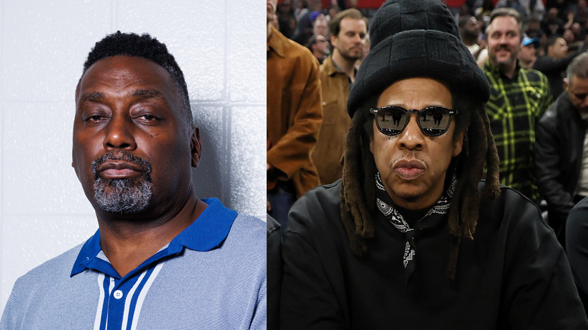 Left: Man in a blue collared shirt. Right: Man in black attire and hat at a sports event