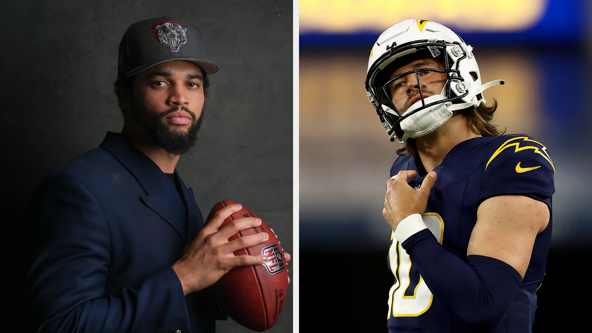 Two athletes: left in a suit holding a football; right in a football uniform with helmet