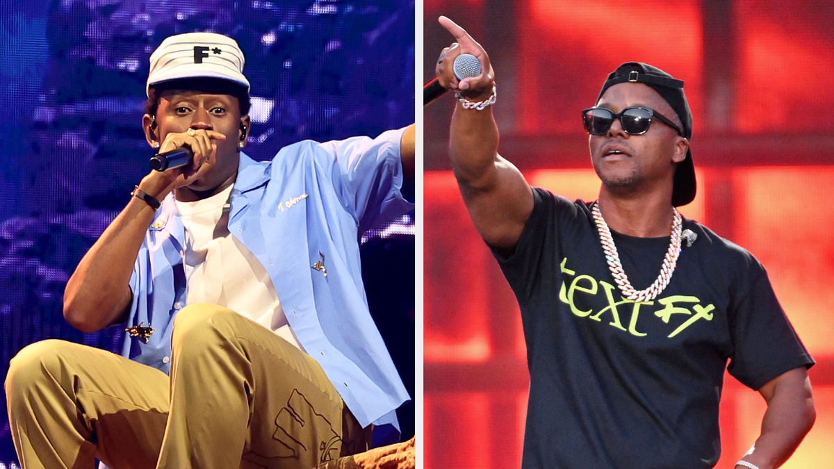 Left: Tyler The Creator wearing a cap, T-shirt, and necklace. Right: Lupe Fiasco in a sports cap and chain