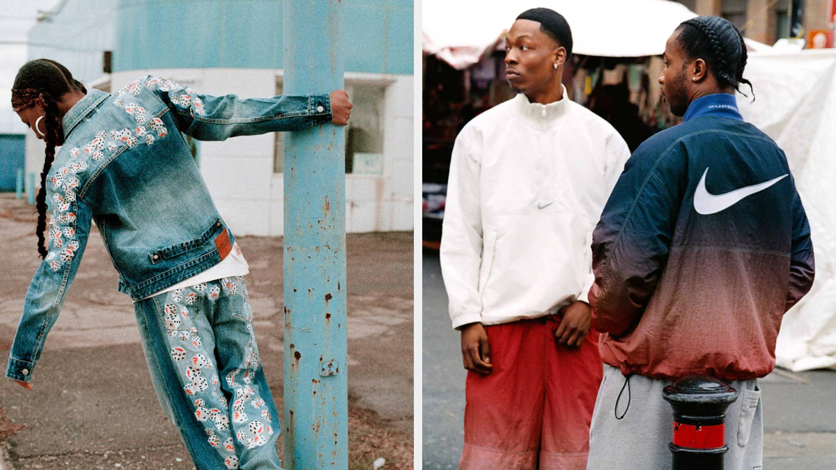 Two split images; left: person in embroidered denim, right: two people in sporty attire leaning on a pole