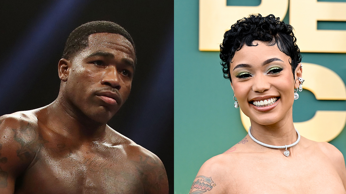 Portrait of a shirtless male athlete and a female celebrity with short curly hair, both facing the camera