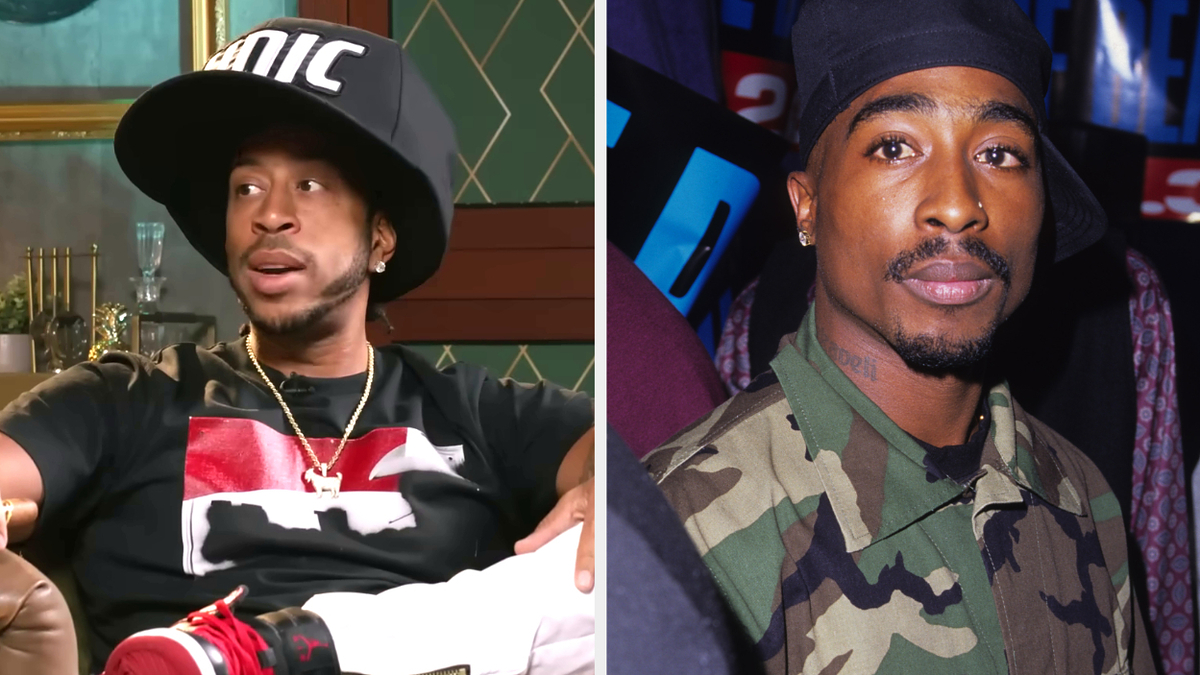 Two images side by side, one of Eminem wearing a hat with "DMC" and another of Tupac wearing a camouflage jacket