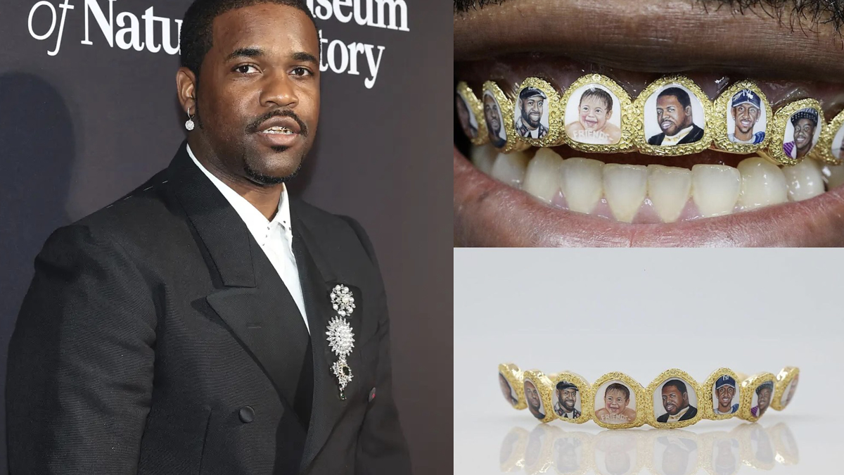 Man in a black suit with a jeweled accessory at an event and close-up of a custom grill with portraits