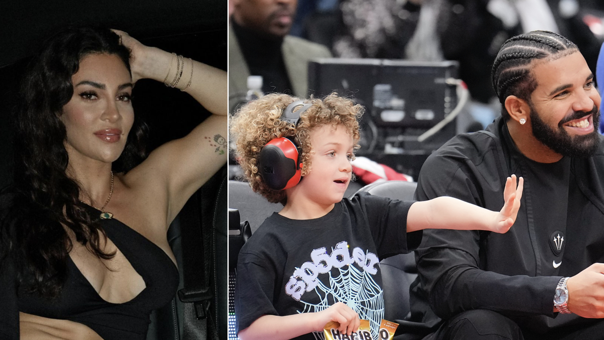 Two separate images: On the left, a woman poses with hand in hair. On the right, a man and child enjoy a sports game