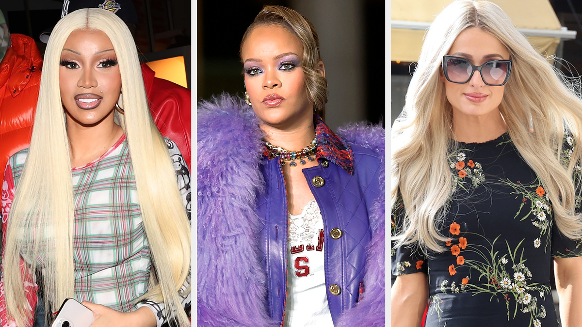 Nicki Minaj with plaid hair, Rihanna in a purple coat, and Paris Hilton in a floral dress.
