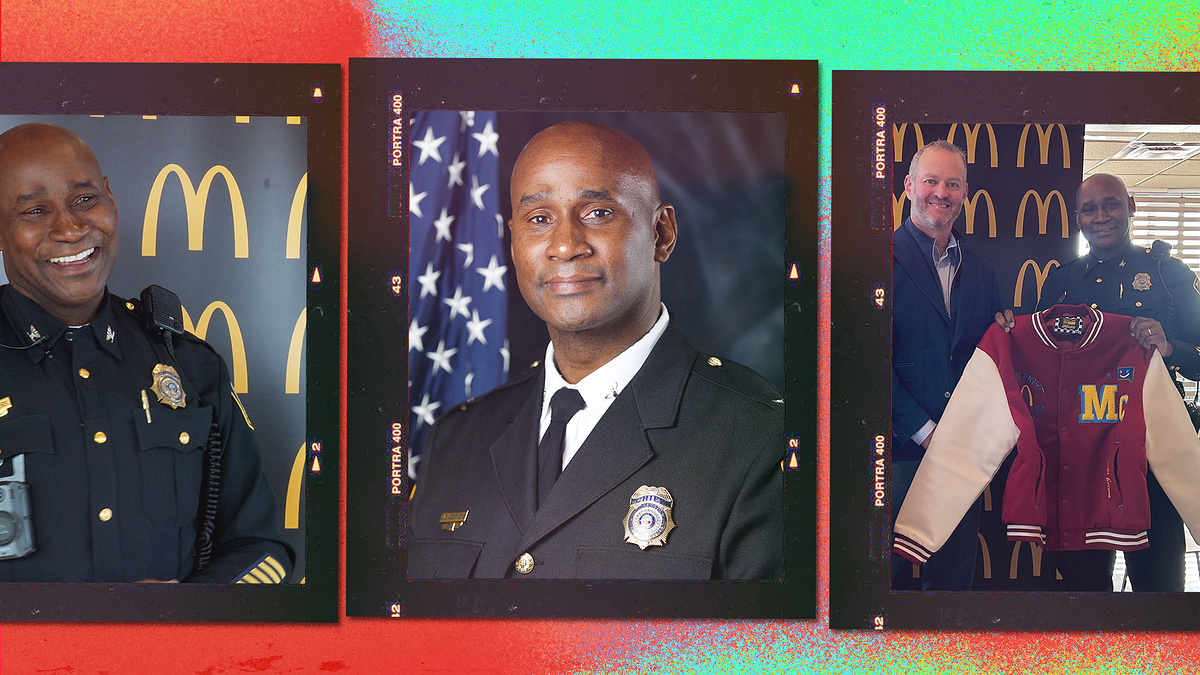Three-panel image: Person in police uniform, same person in formal uniform, and with another individual in McDonald's-themed attire
