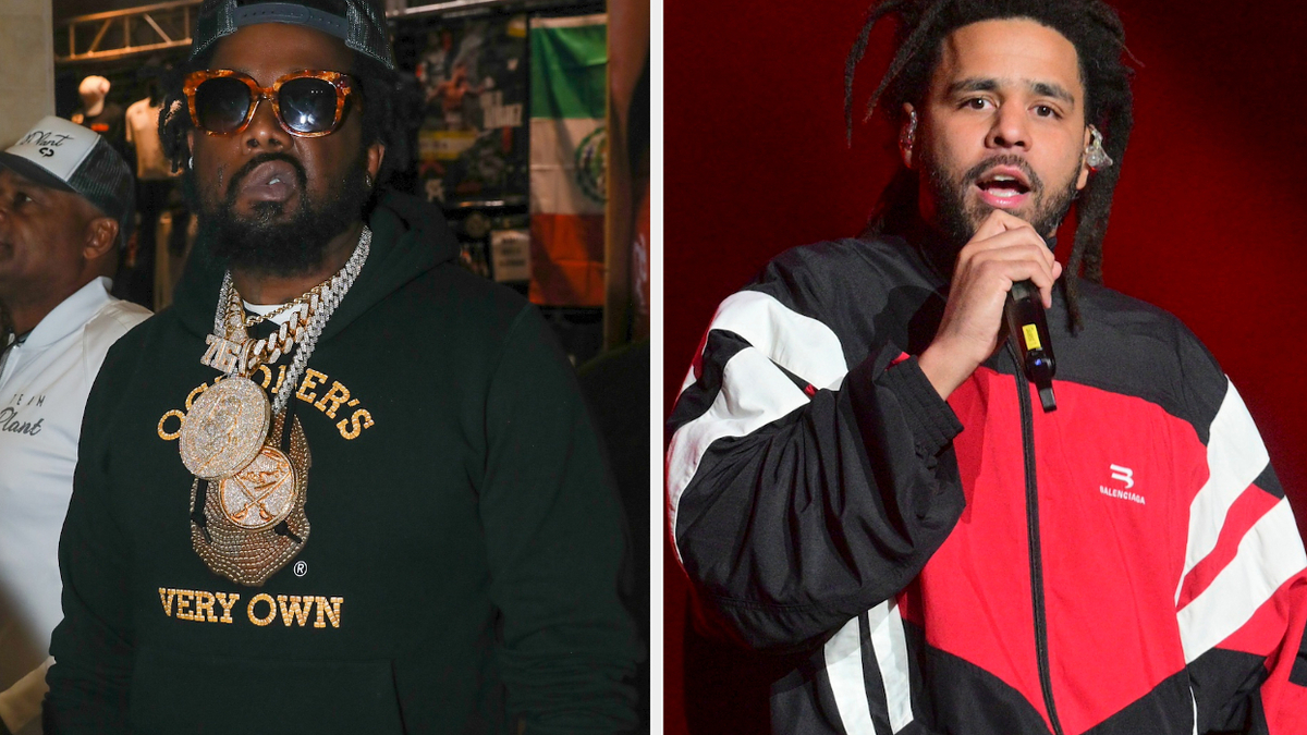Two men, left with beard and sunglasses in a sweater with text, right in a microphone with a striped jacket