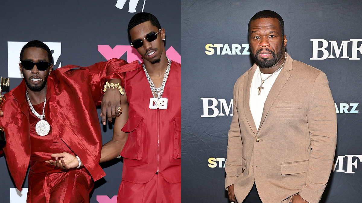 Two separate images: Left shows two men in red suits, posing with sunglasses and jewelry. Right features a man in a brown suit smiling at the camera