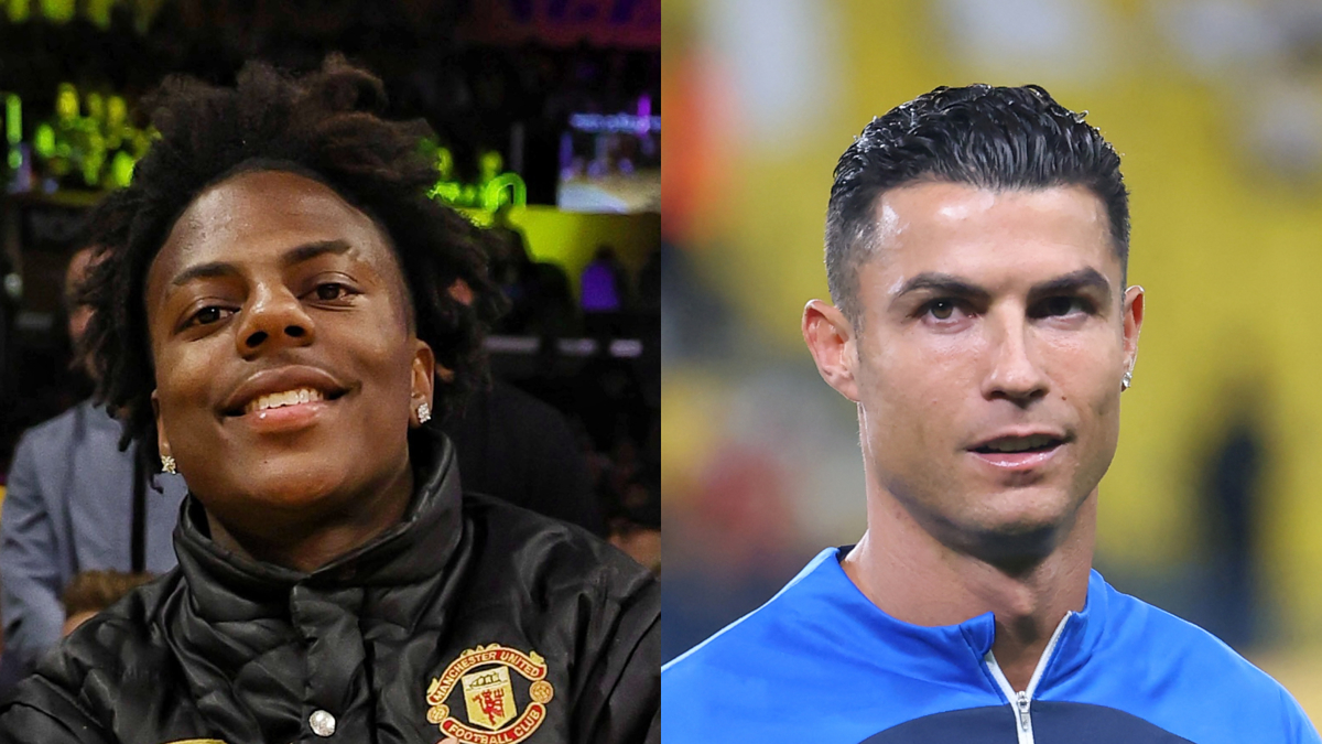 Side-by-side images of a person in a Man United jacket and Cristiano Ronaldo in a blue sports kit