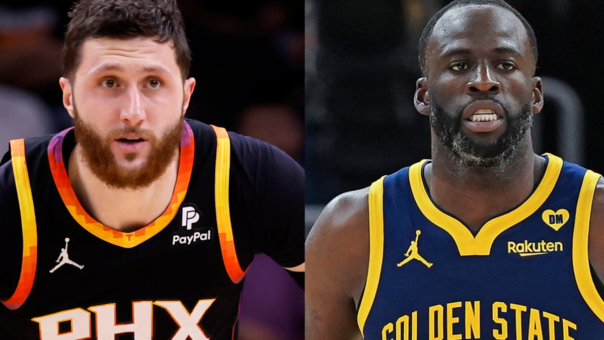 Split image of basketball players in action, one from the Phoenix Suns, the other from Golden State Warriors