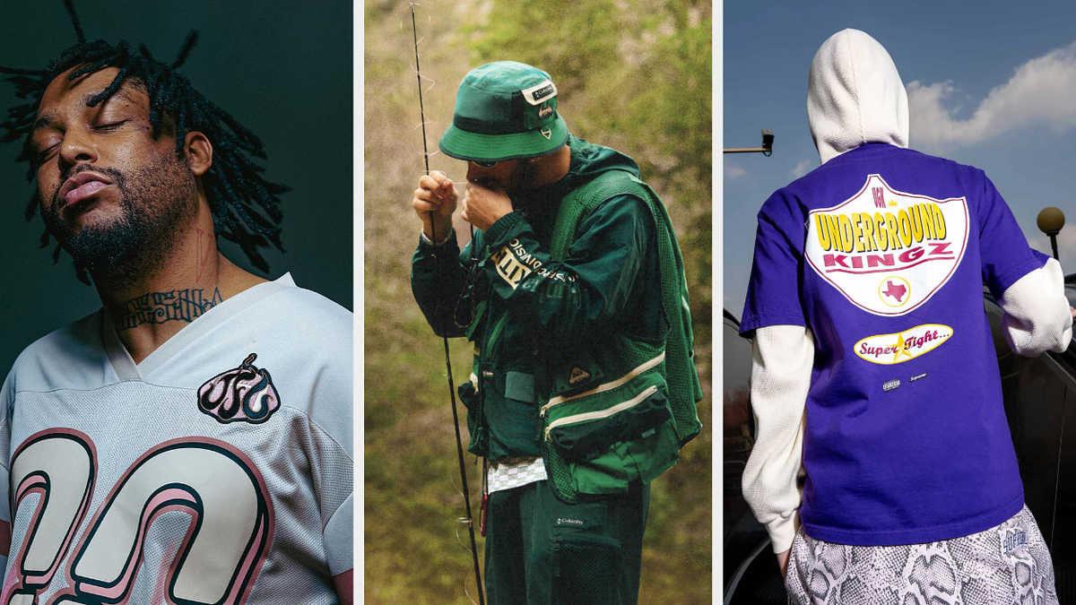 Three individuals in casual attire, with focus on their unique fashion styles