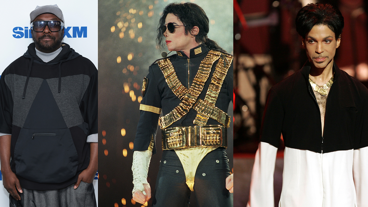 Three musicians stand separately: first in casual wear, middle in an iconic gold-accented military-style outfit, and third in a white two-piece with a necklace