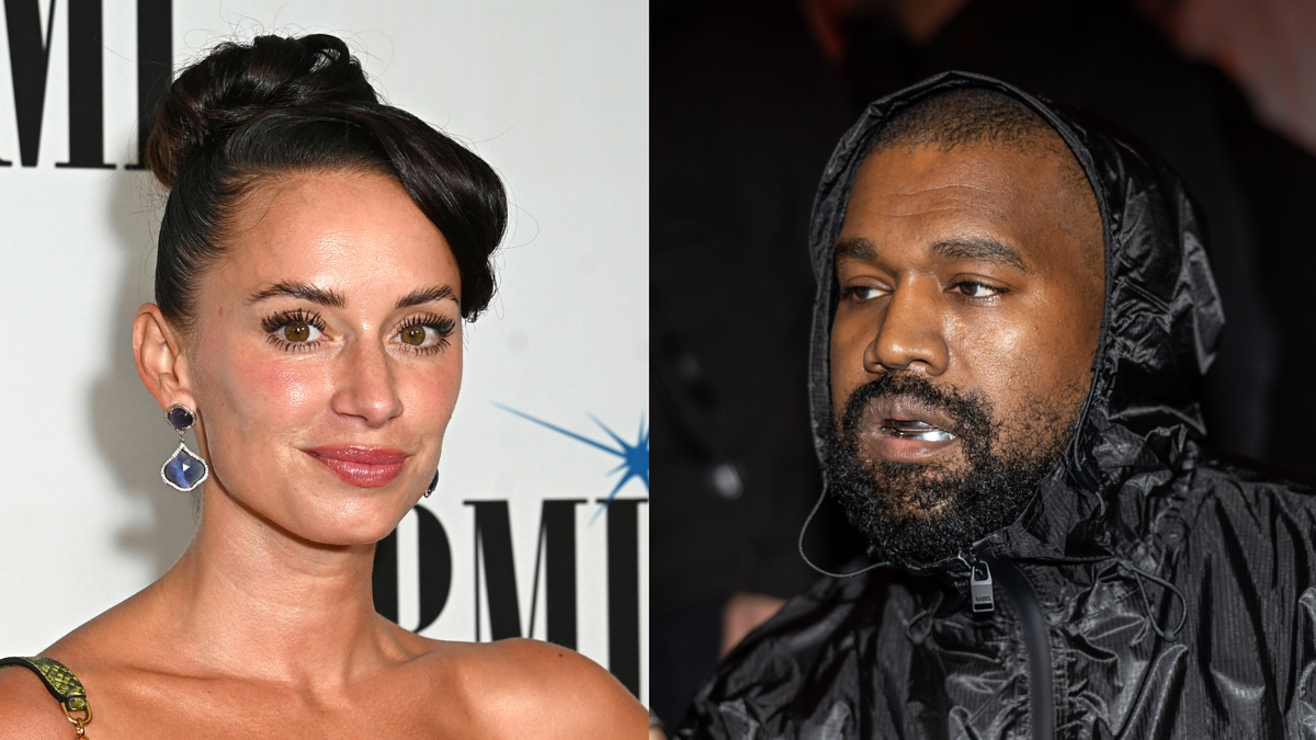 Split image with Alyssa Milano in green dress and Kanye West in black hoodie