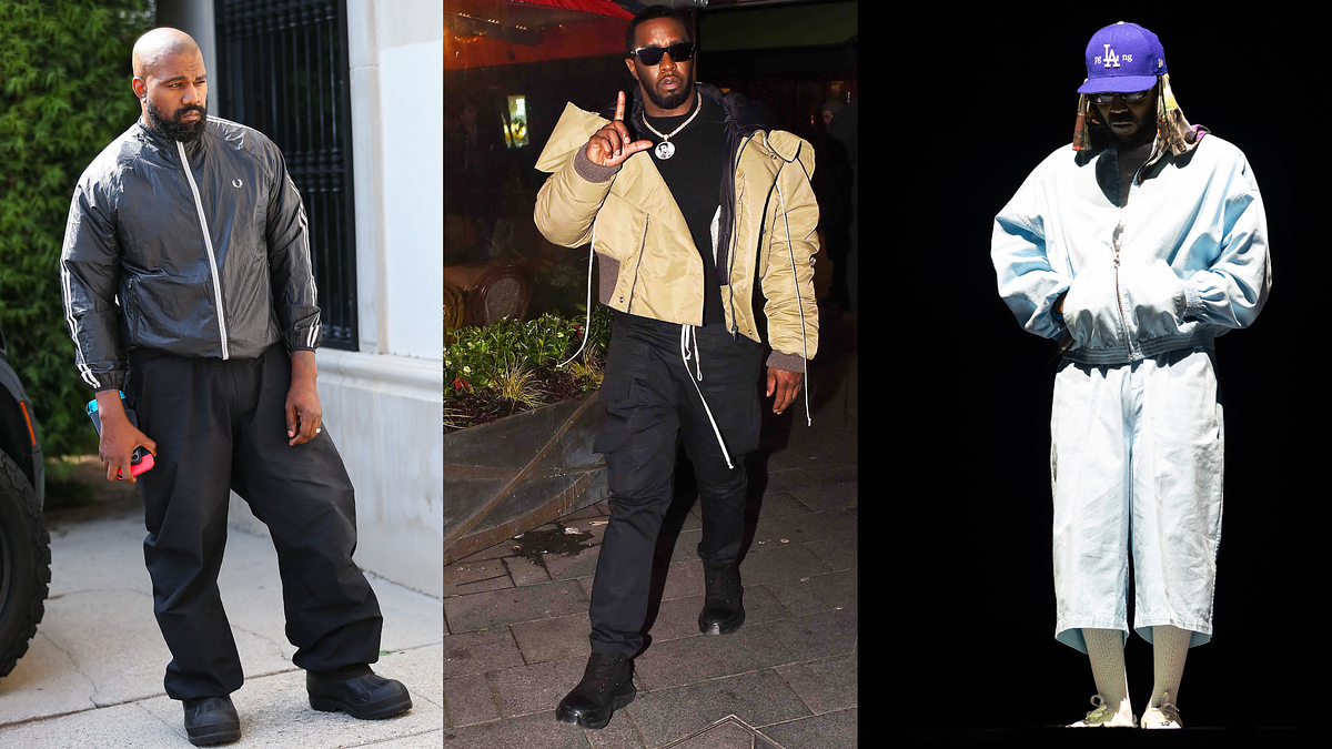 Three male musicians in distinct outfits; left in a monochromatic tracksuit, middle with a puffer jacket, right in a layered athletic ensemble