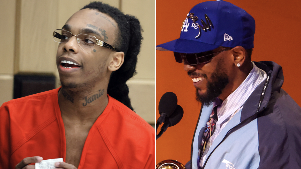 Two artists at events; YNW Melly wearing glasses and an orange outfit, Kendrick Lamar with sunglasses and a cap, both smiling