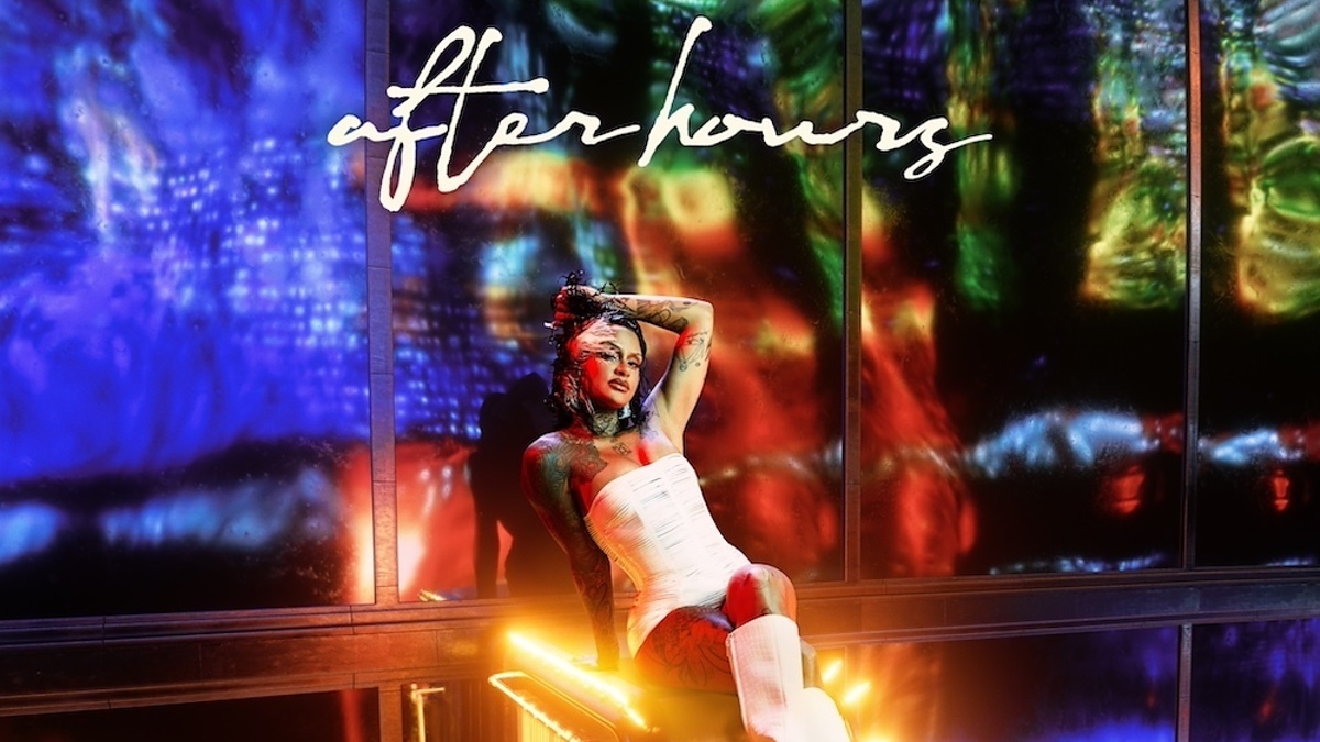 Person seated on a neon-lit ledge with text "after hours" above