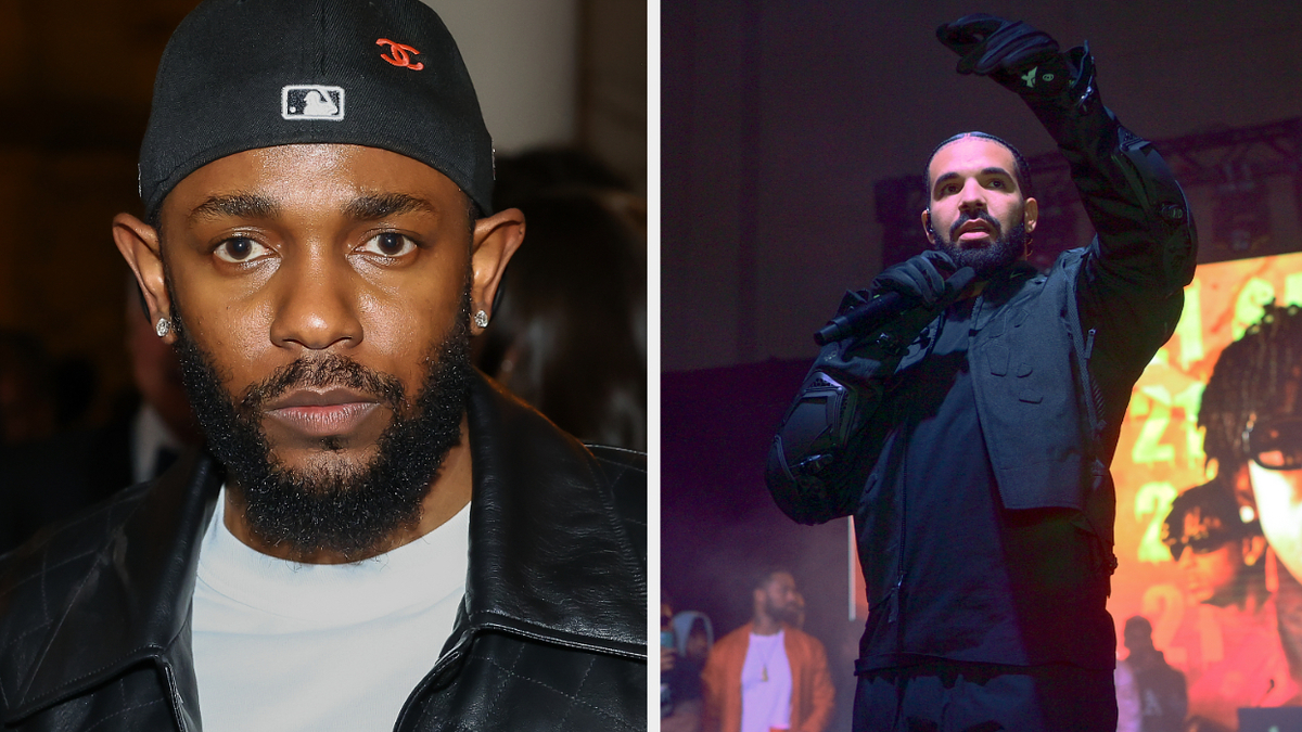 Kendrick Lamar in a leather jacket and Drake performing on stage, both influential artists in the music industry