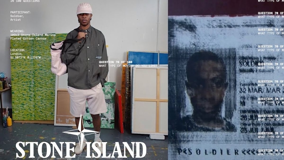 Left: Person holding jacket with "Stone Island" text, right: Wall with text-interview questions