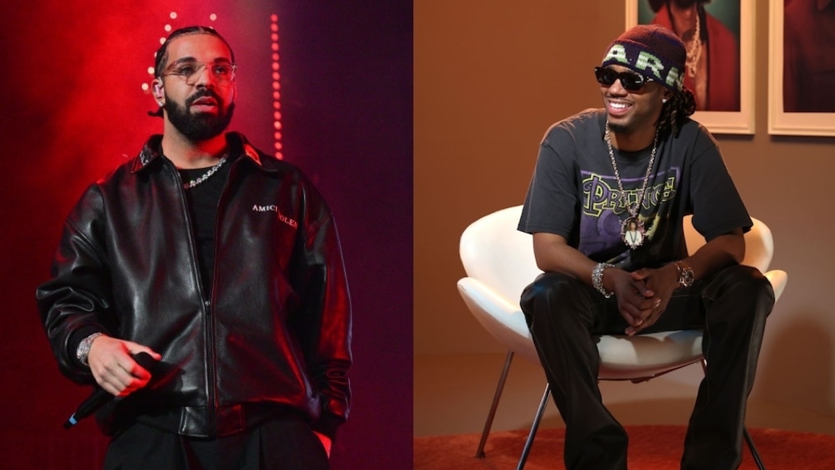 Two hip-hop artists; one stands in black attire, another sits wearing a graphic tee and hat