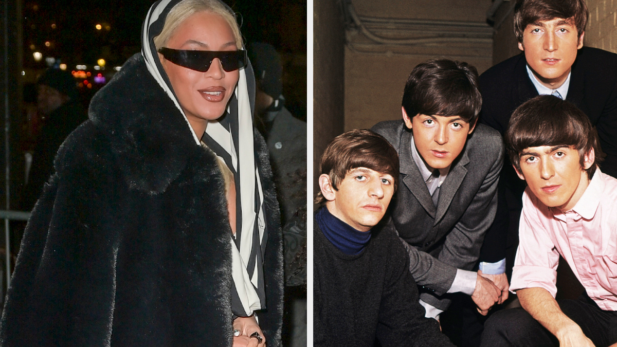 Left: Lady Gaga in a fur coat and sunglasses. Right: The Beatles sitting together