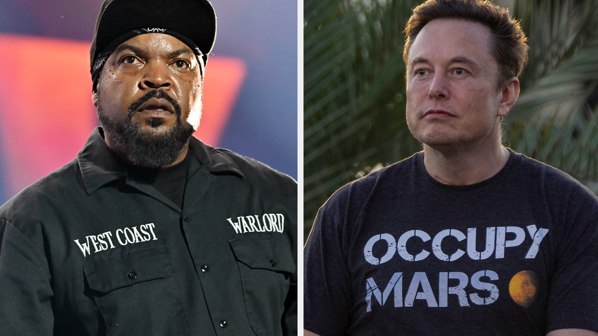 Ice Cube on the left in a black shirt with bold text; Elon Musk on the right wearing an "Occupy Mars" tee