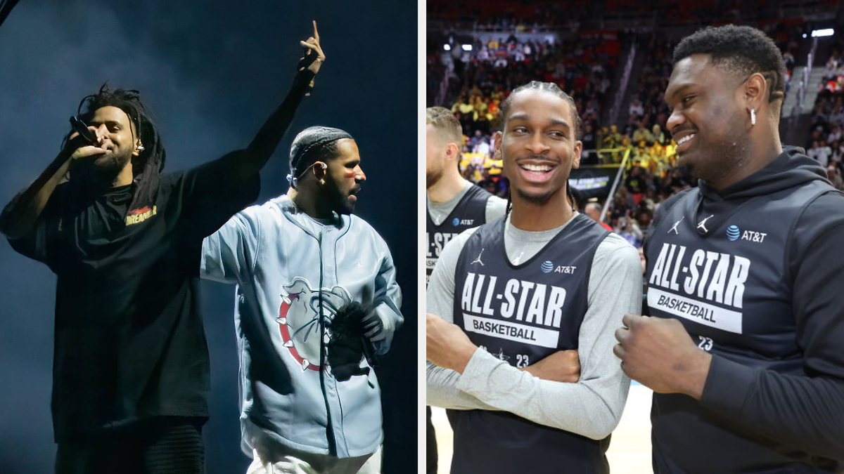 Two images: Left shows a performer on stage. Right displays two basketball players smiling at an All-Star event