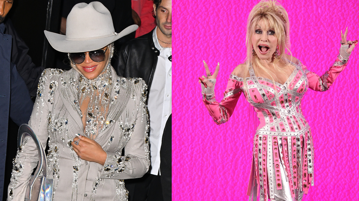Beyoncé in a bejeweled gown with a cowboy hat and Dolly Parton in a studded pink costume holding up peace signs