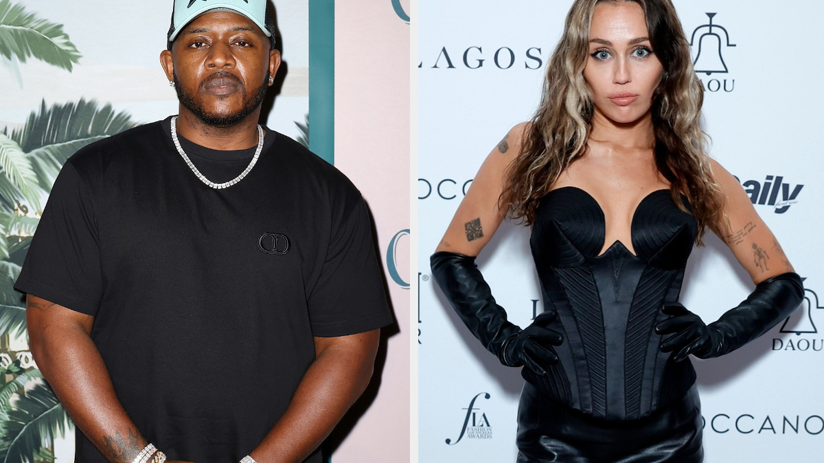 Two individuals posing separately. Left: man in a black tee, cap, and chain. Right: woman in a black corset top and trousers