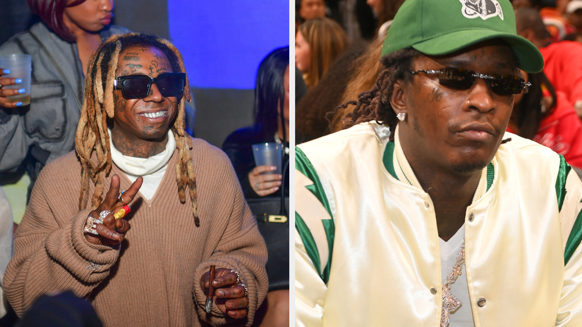 Lil Wayne in a knitted sweater giving a peace sign; Young Thug in a letterman jacket looking to the side