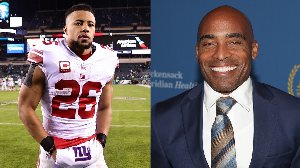 Two separate images: left, a football player in uniform on the field; right, a man in a suit smiling at an event