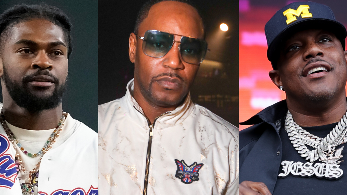 Three men side-by-side; left wears a sports jacket, center in a satin jacket, right in logo chain and cap