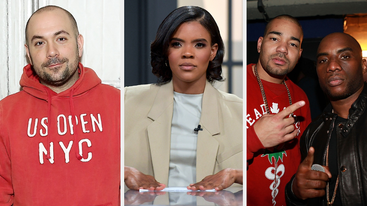 Three separate images: Man in hoodie, woman at news desk, two men posing together