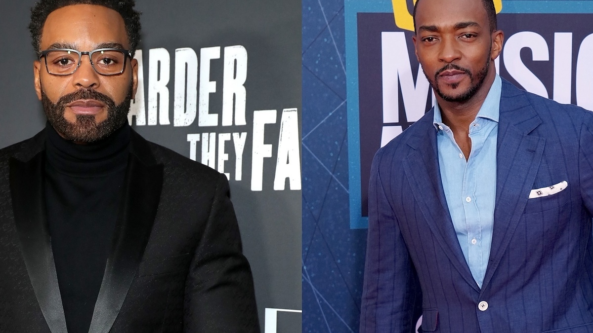 Two male celebrities at events, one in a black turtleneck and glasses, the other in a blue plaid suit and tie