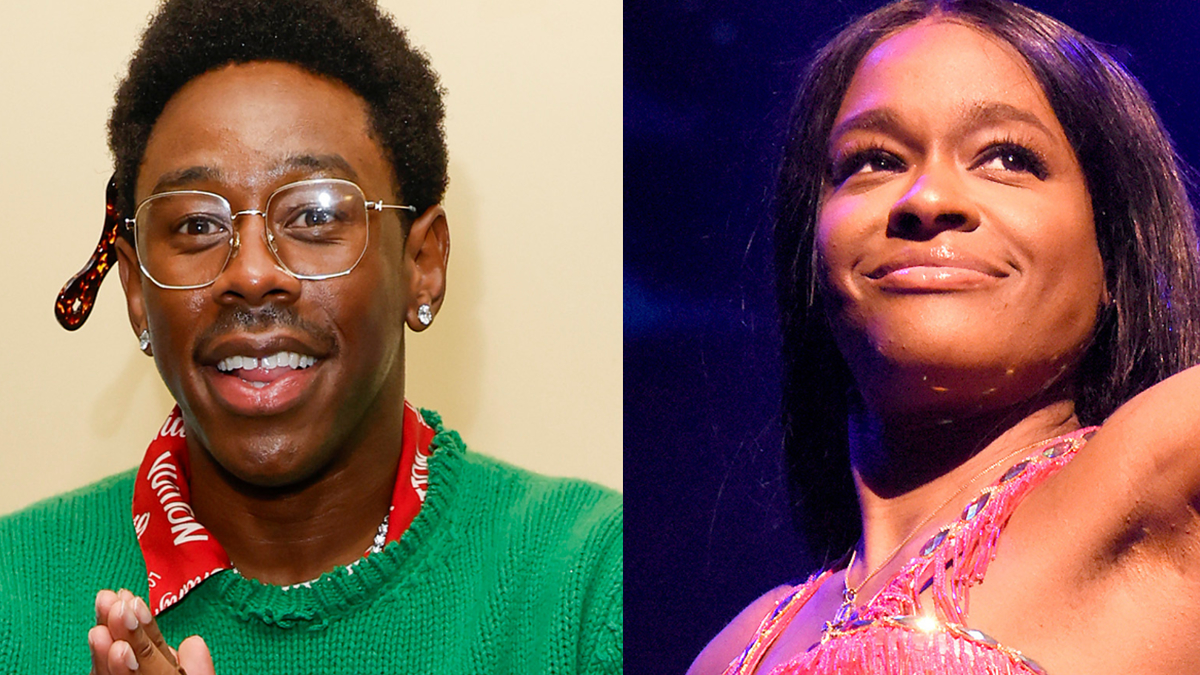 Two separate photos of a man in a green sweater and a woman in a pink sequined outfit