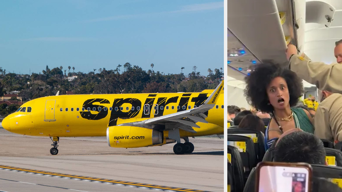 Spirit Airlines plane on the runway; passengers and cabin crew inside the aircraft
