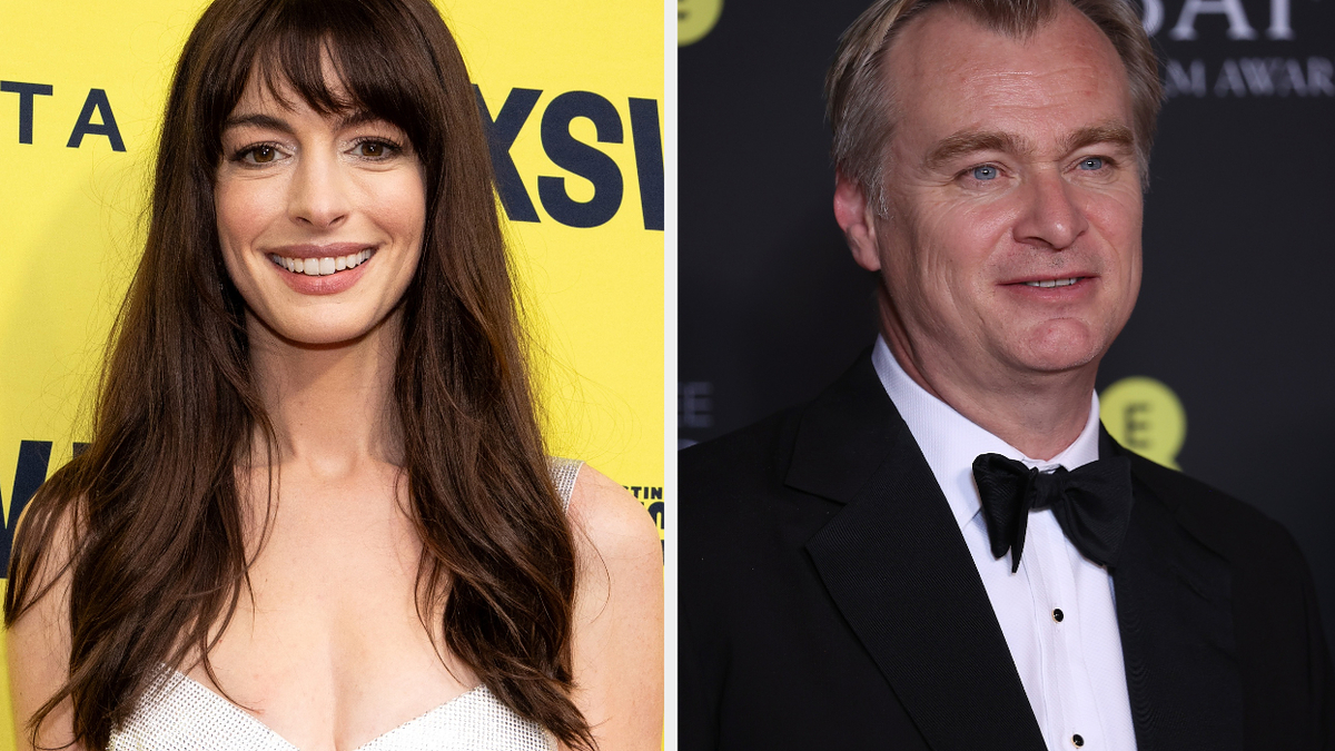 Anne Hathaway in a v-neck dress poses on the left, and Christopher Nolan in a black tuxedo appears on the right