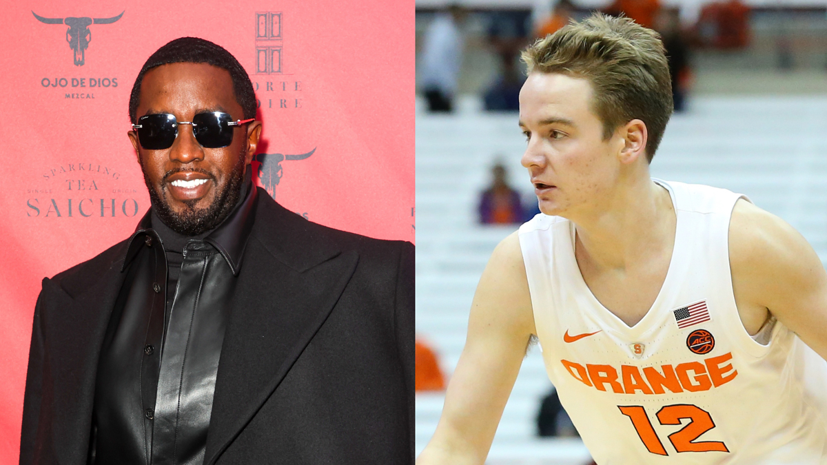 Two separate images: Left shows a man in a black jacket and turtleneck, right shows a basketball player in an orange jersey with the number 12