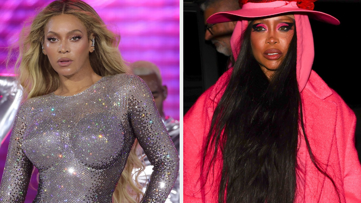 Beyoncé in a glittering bodycon outfit on stage; Naomi Campbell wearing a bright hooded coat and hat at an event