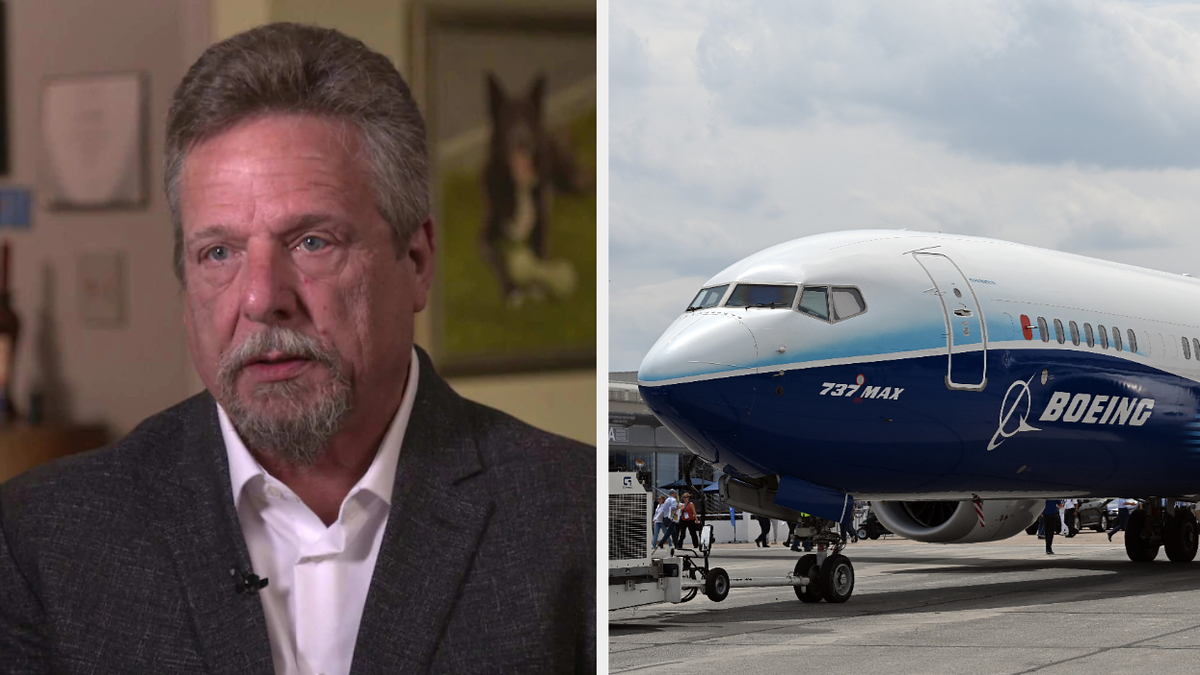 Piotr Duda in an interview; Boeing 737 MAX plane on tarmac next to personnel