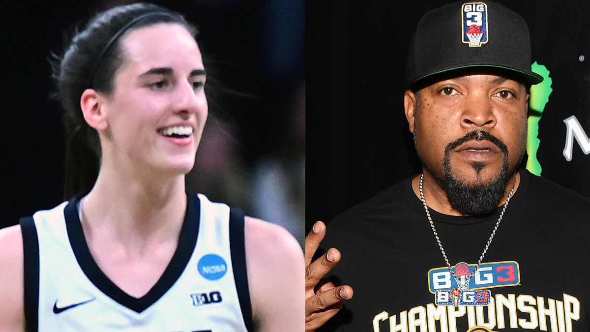 Split image of a female basketball player on the left and a male wearing a Big3 Championship cap on the right
