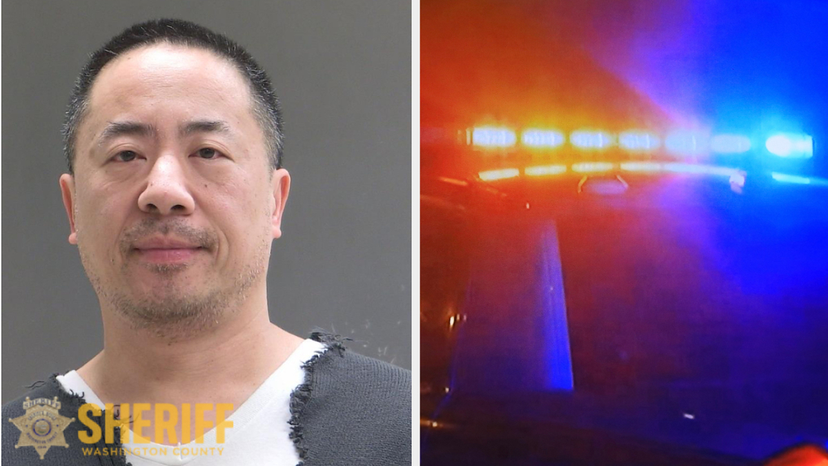 Person posing for a mugshot beside a picture of police lights at night
