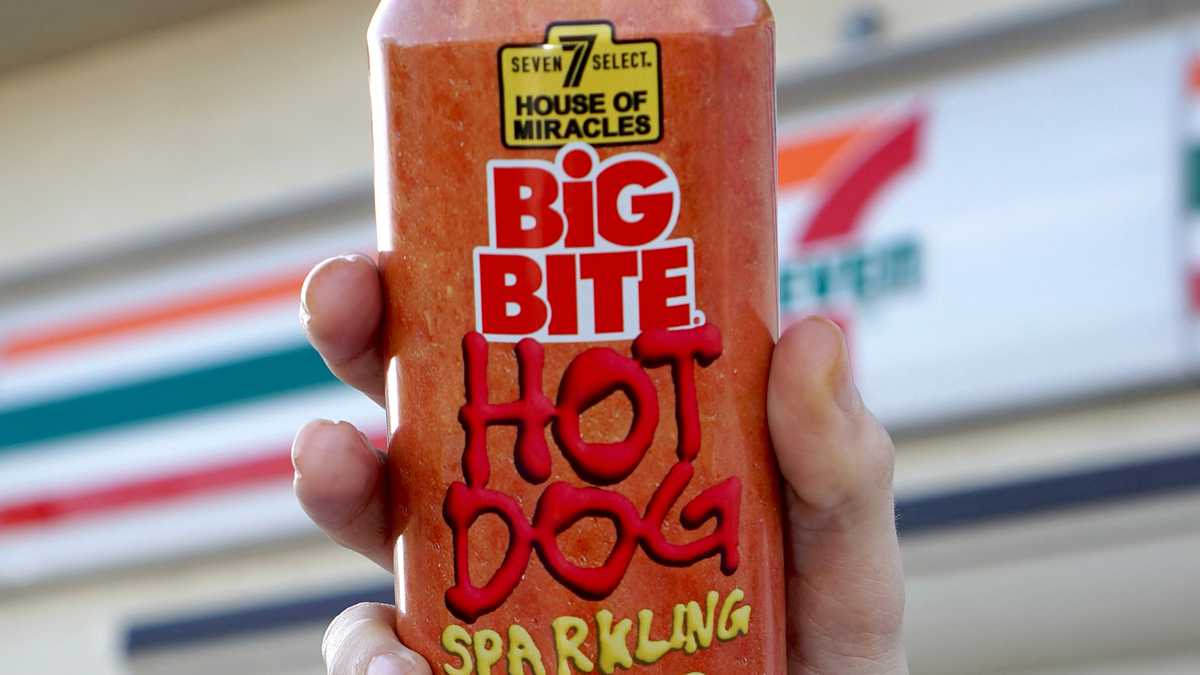 A hand holds a can labeled "BIG BITE HOT DOG Sparkling Water" against a blurred background