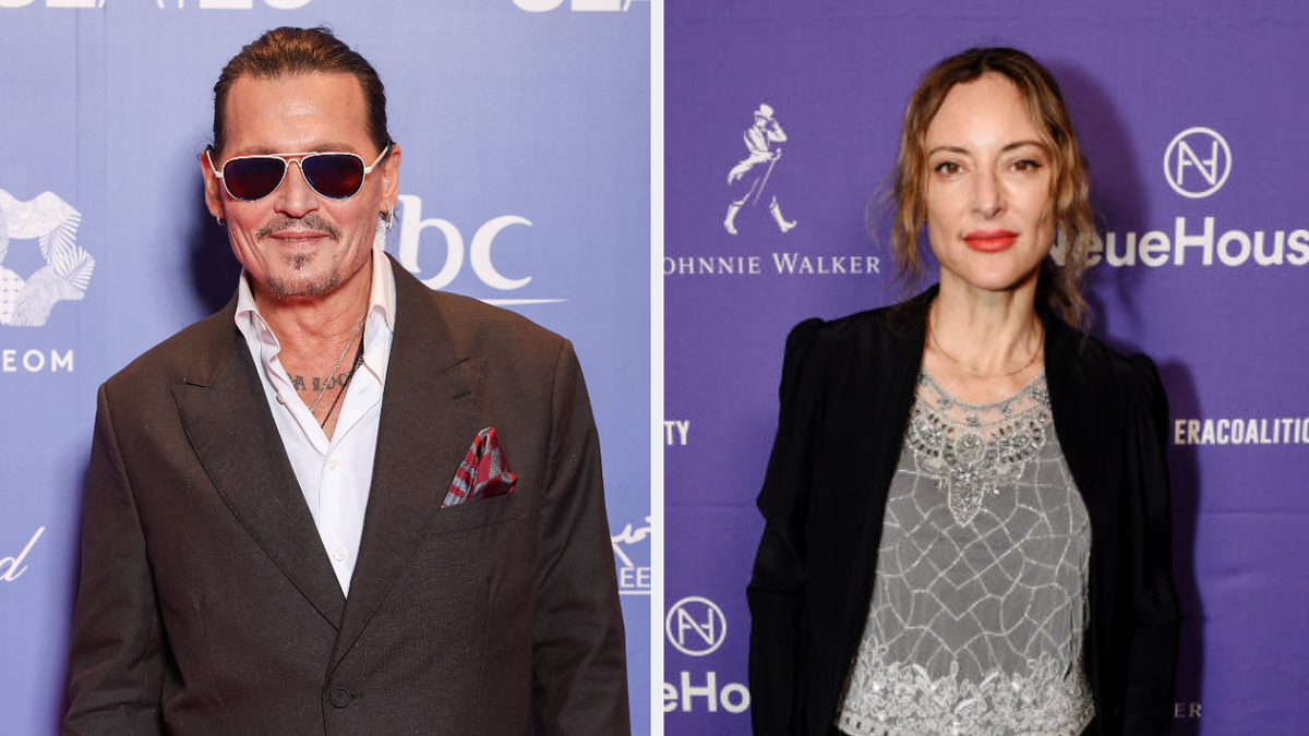Two separate images side-by-side. The left image features a man in a suit with sunglasses. The right shows a woman in a lace top