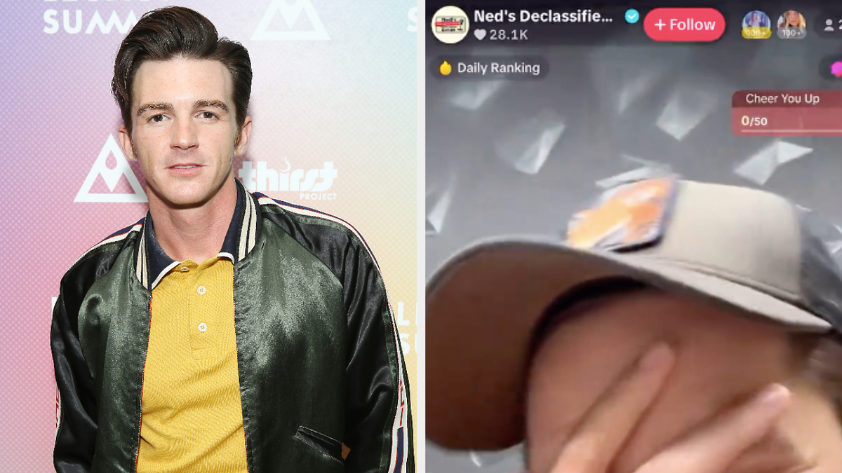 Two images: Left shows Drake Bell in a jacket and yellow shirt, right is a blurred selfie of someone covering their face