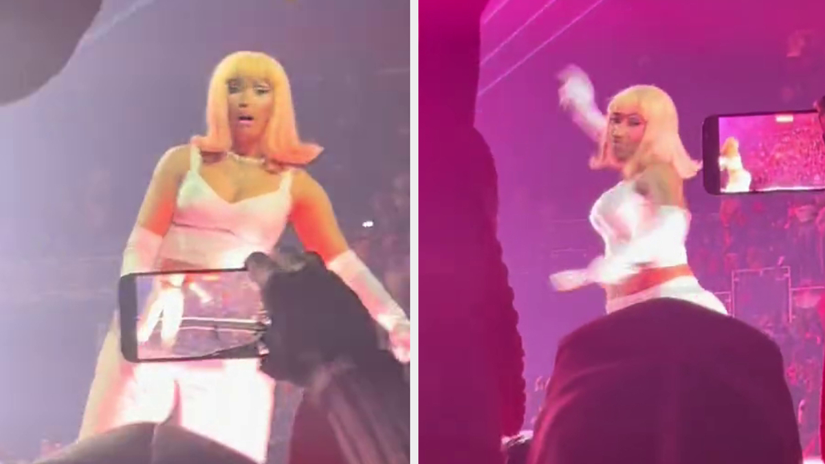 Two photos of Nicki Minaj on stage performing, wearing a pink outfit with a microphone in hand