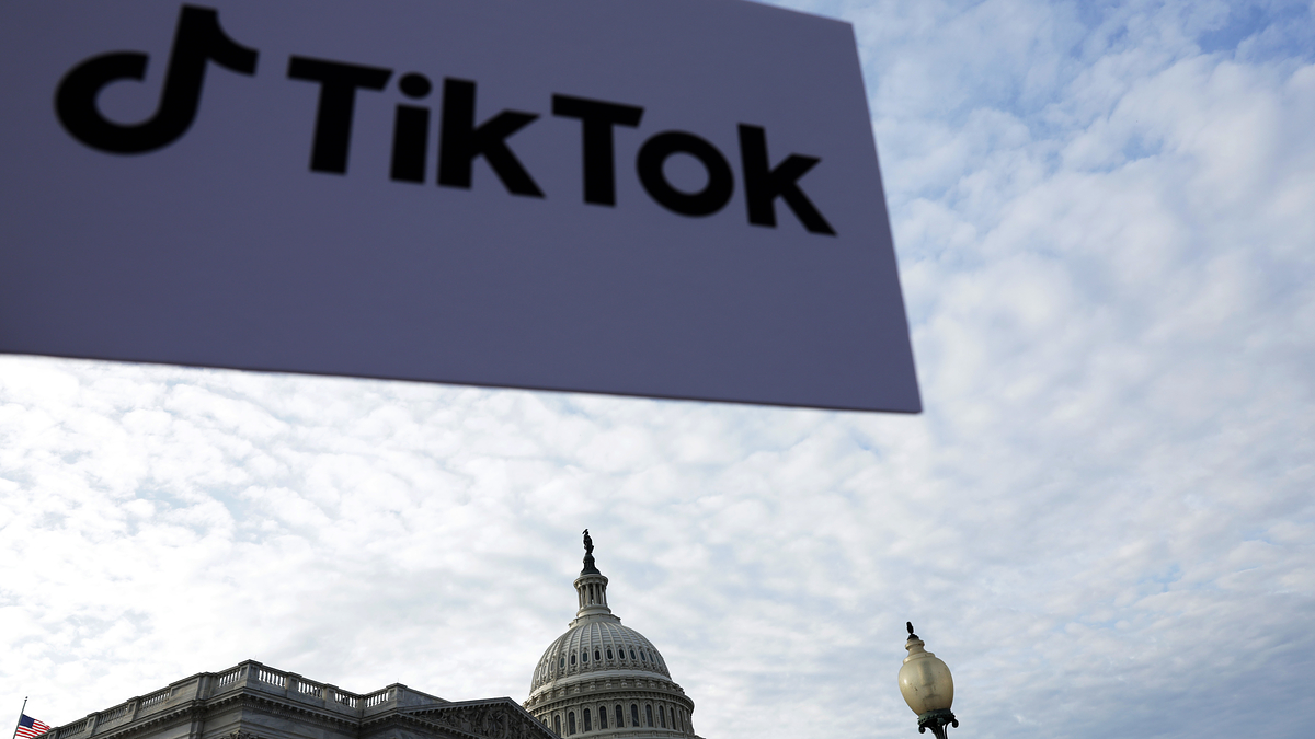 TikTok logo sign held up with the US Capitol building in the background