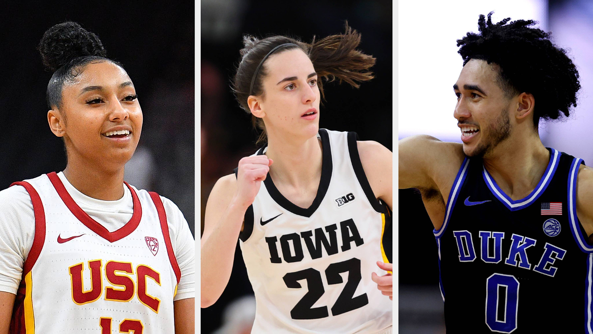 Three college basketball players in uniforms representing USC, Iowa, and Duke, smiling and in action poses
