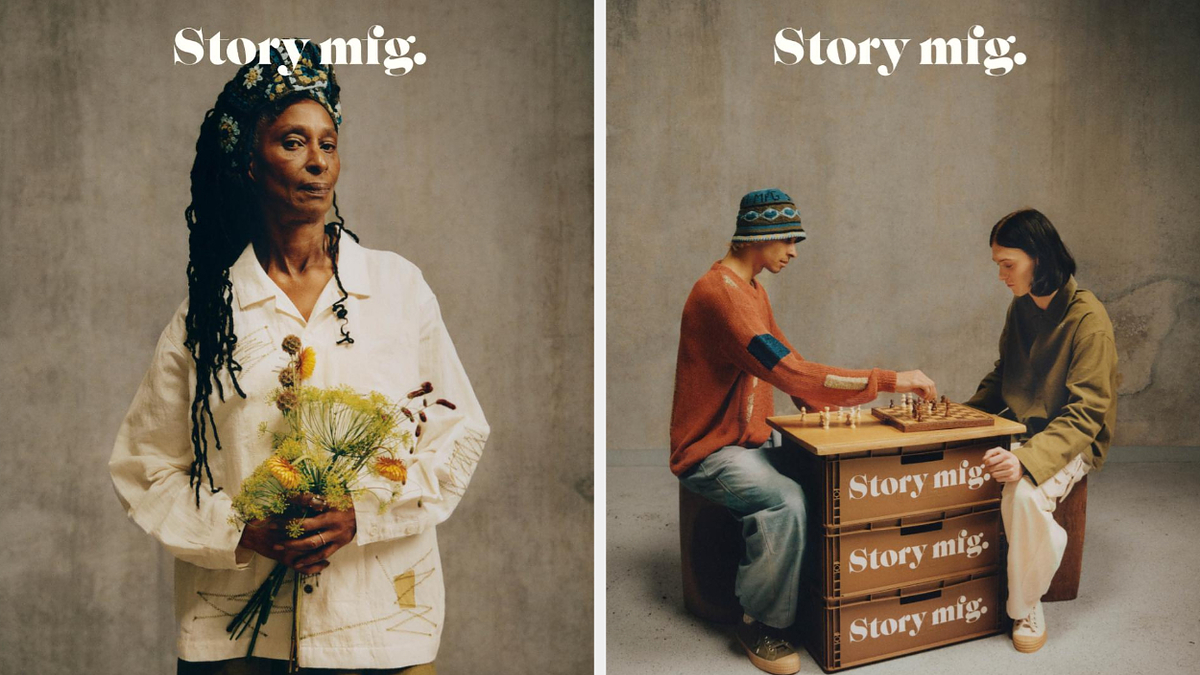 Two promotional images. Left: June holding flowers. Right: Alex & Will playing chess. "Story mig" branding
