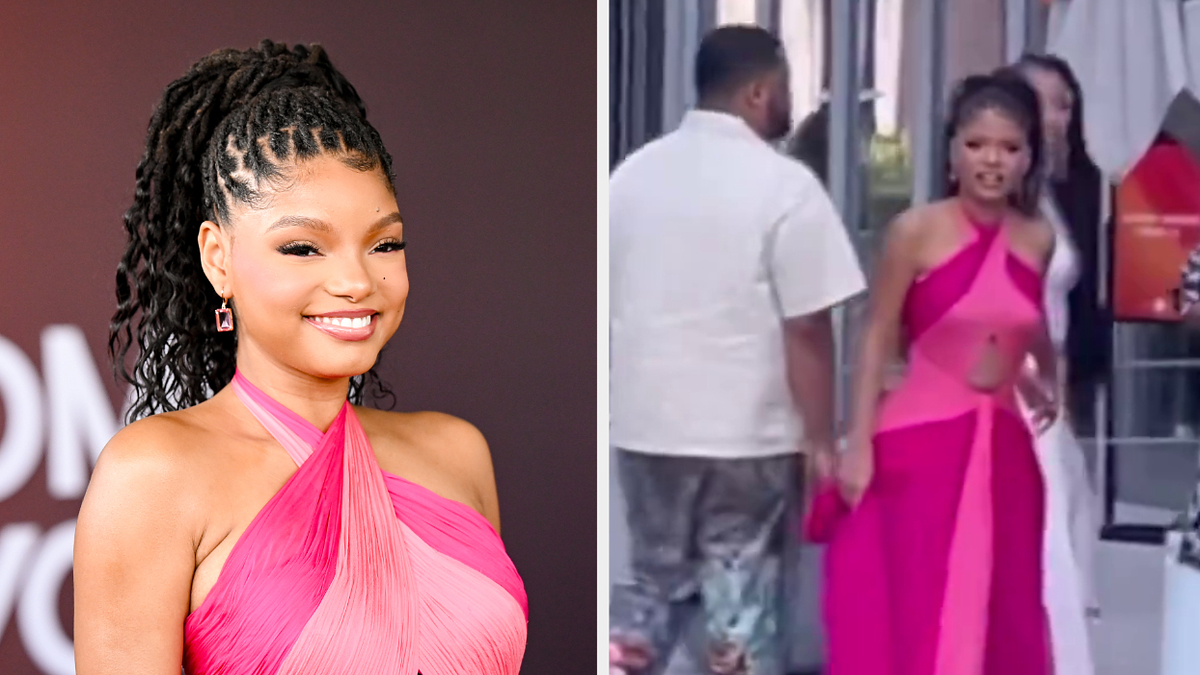 Chloe Bailey on the red carpet wearing a pink halter neck gown; separate scene showing her outdoors, looking surprised